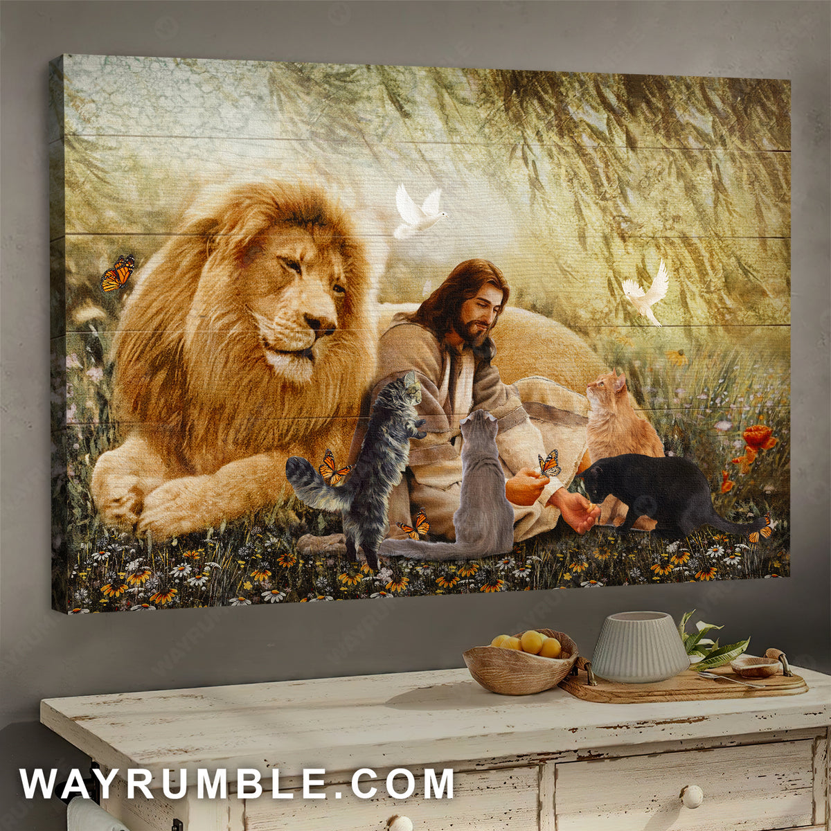 Big lion, Jesus with animal, Beautiful cat painting, Daisy field - Jesus Landscape Canvas Prints, Home Decor Wall Art