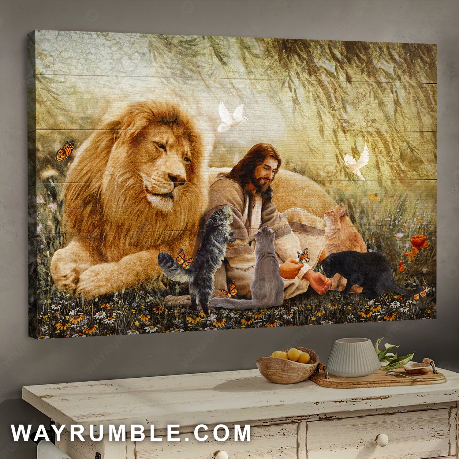 Big lion, Jesus with animal, Beautiful cat painting, Daisy field - Jesus Landscape Canvas Prints, Home Decor Wall Art