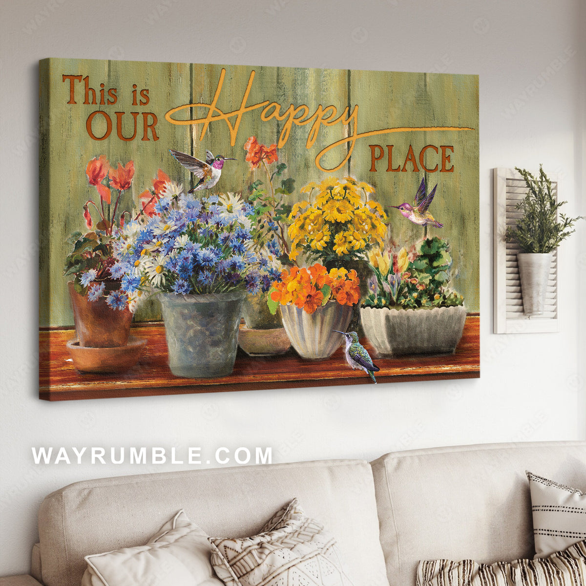 Colorful flower garden, Pretty hummingbird, This is our happy place - Jesus Landscape Canvas Prints, Christian Wall Art