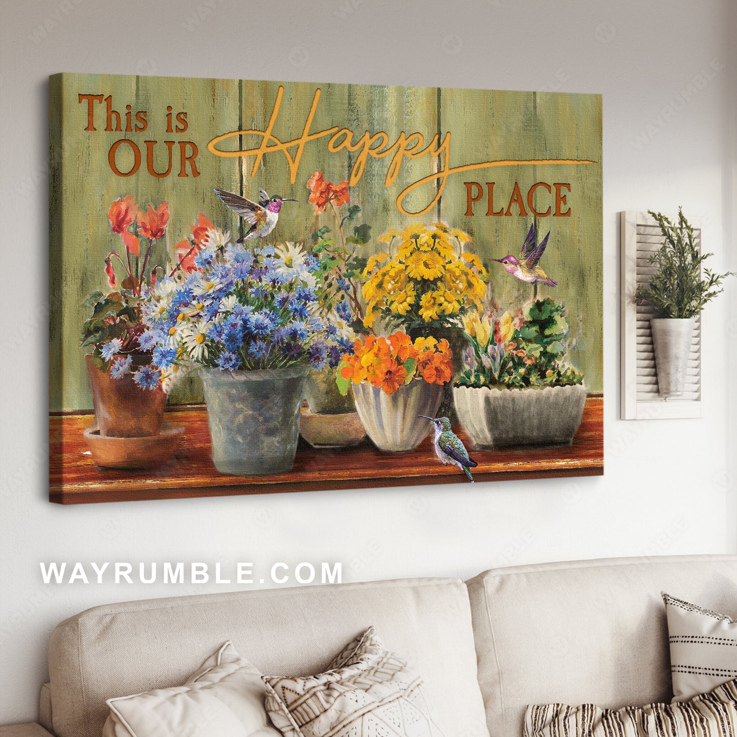 Colorful flower garden, Pretty hummingbird, This is our happy place - Jesus Landscape Canvas Prints, Christian Wall Art