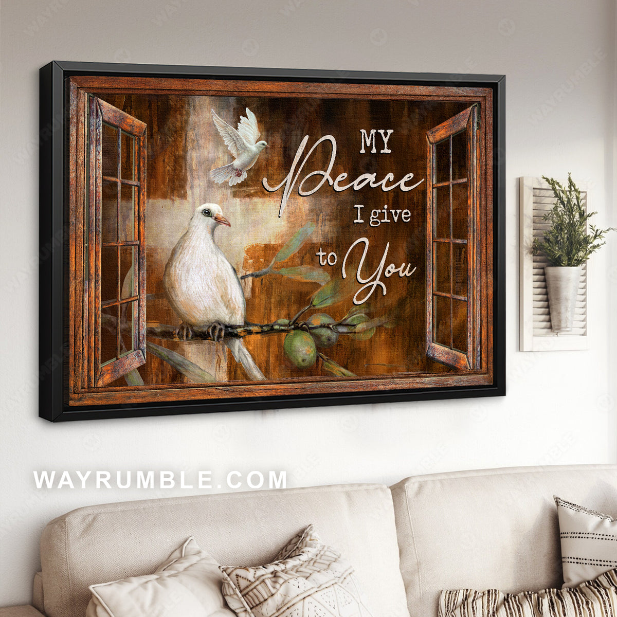 White dove symbol, Green tree, Antique window, My peace I give to you - Jesus Landscape Canvas Prints, Christian Wall Art