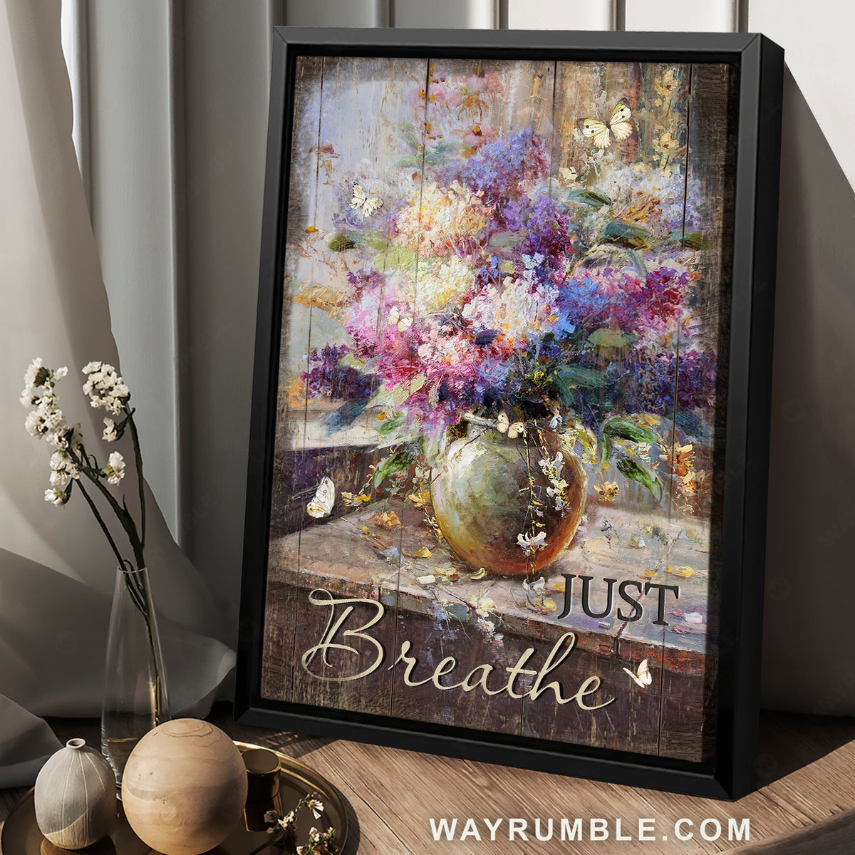 Lavender vase, Vintage flower, Still life painting, Just breathe - Jesus Portrait Canvas Prints, Christian Wall Art