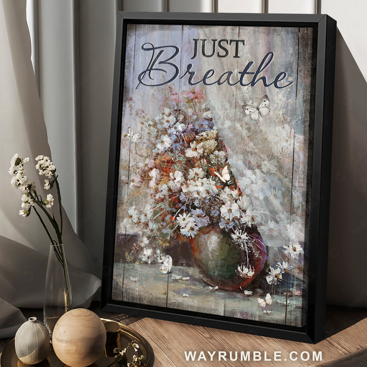 Still life painting, White flower vase, Unique butterfly, Just breathe - Jesus Portrait Canvas Prints, Christian Wall Art