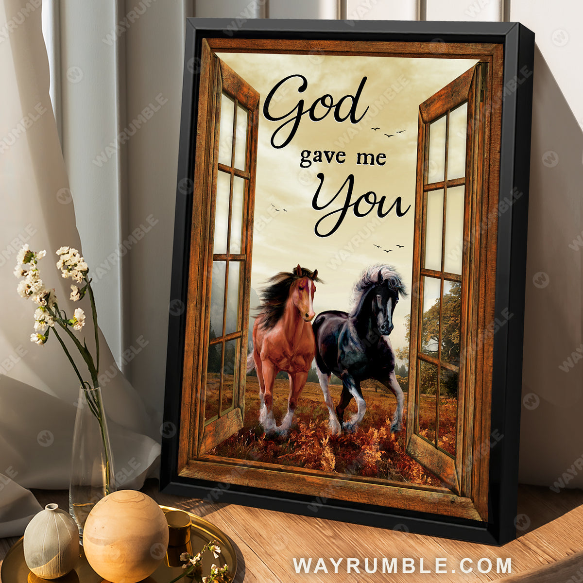Running horses, Brown meadow land, Countryside painting, God gave me you - Jesus Portrait Canvas Prints, Wall Art