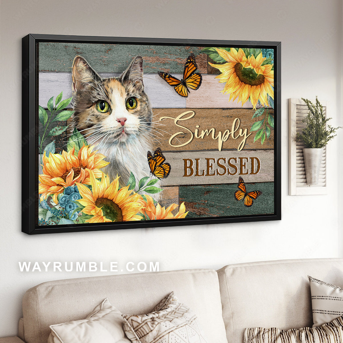 Pretty cat, Orange butterfly, Sunflower frame, Simply blessed - Jesus Landscape Canvas Prints, Christian Wall Art