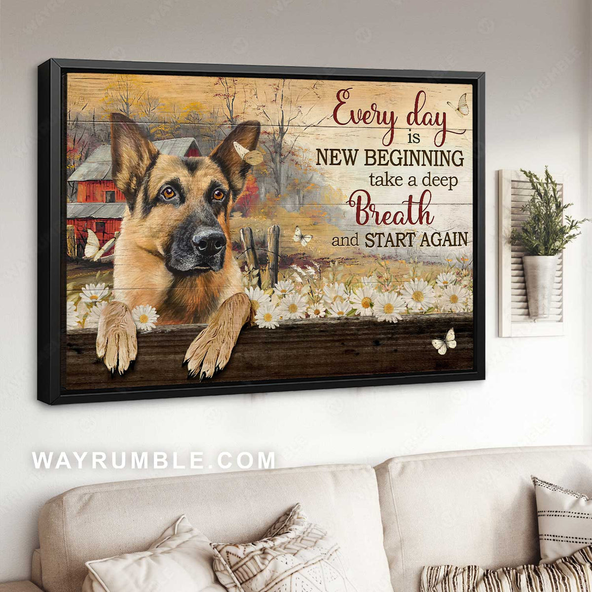 Cute German Shepherd, Pretty daisy, Every day is a new beginning - Jesus Landscape Canvas Prints, Home Decor Wall Art