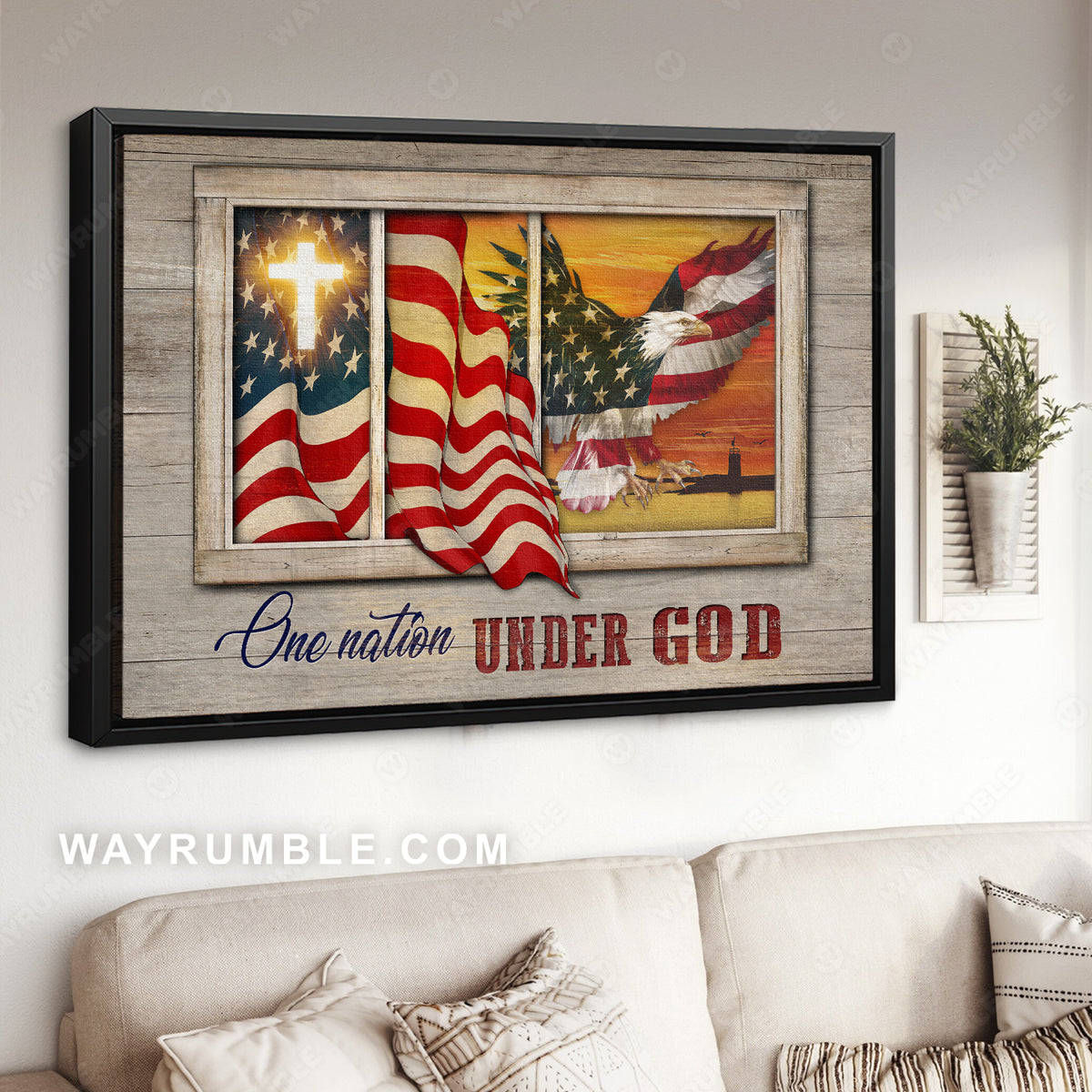 US flag drawing, Watercolor eagle, Yellow light, One nation under God - Jesus Landscape Canvas Prints, Christian Wall Art