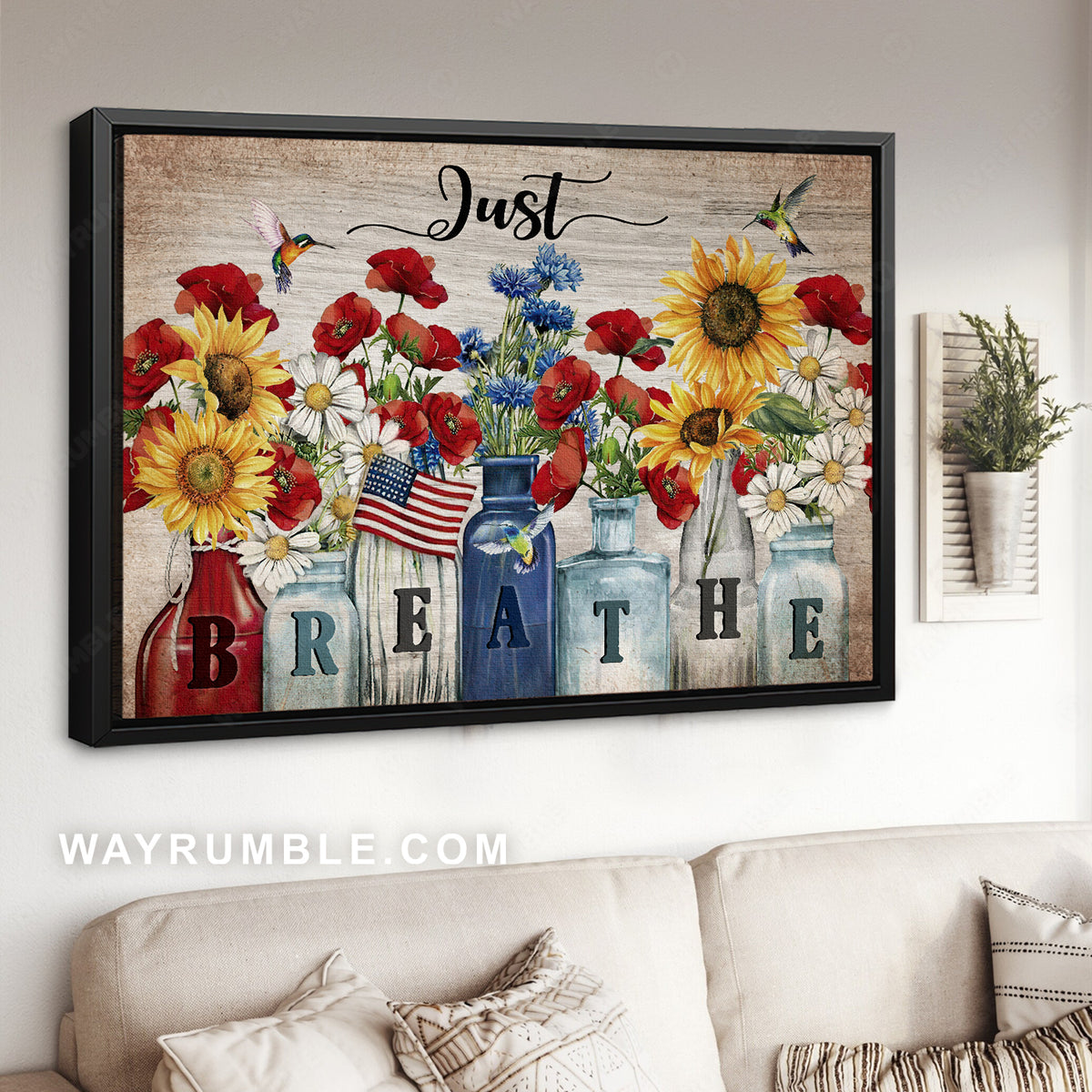 Brilliant flower garden, US flag, Hummingbird, Just breathe - Jesus Landscape Canvas Prints, Christian Wall Art