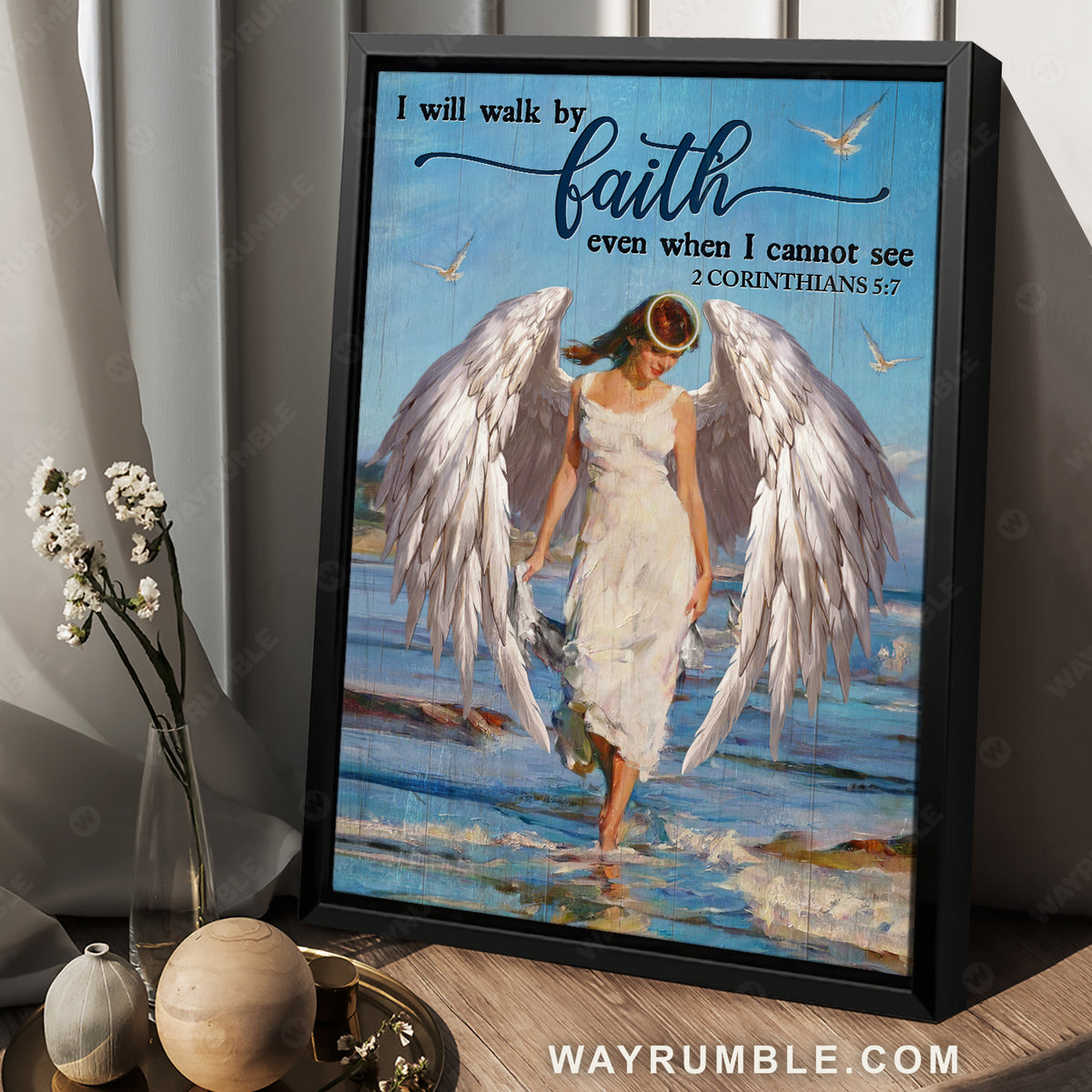 Beautiful girl, Stunning angel wings, Ocean view, I will walk by faith - Jesus Portrait Canvas Prints, Christian Wall Art