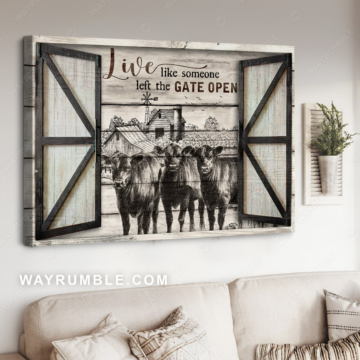 Stunning cow, Black and white painting, Live like someone left the gate open - Jesus Landscape Canvas Prints, Home Decor Wall Art