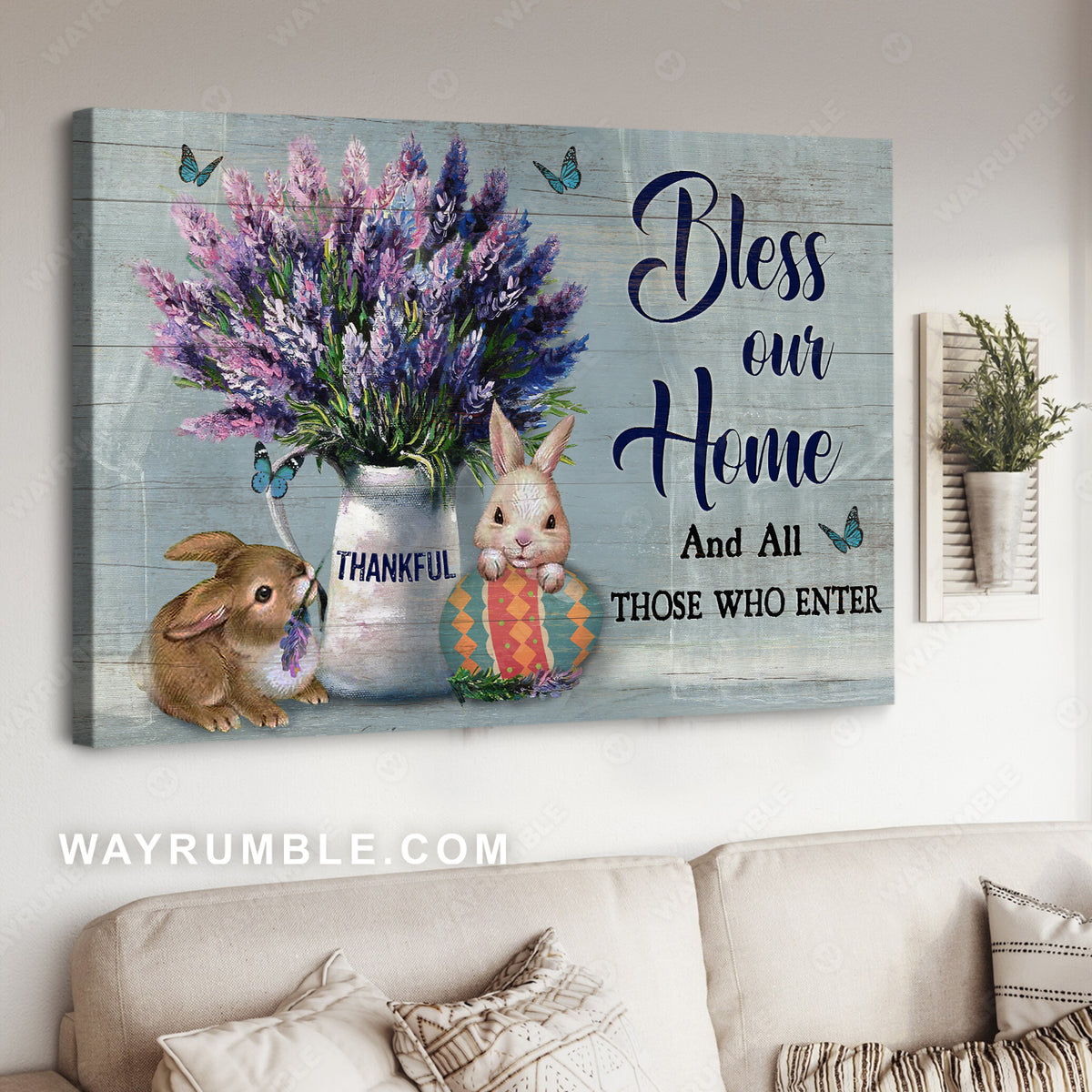 Lavender vase, Cute rabbit, Colorful egg, Bless our home - Jesus Landscape Canvas Prints, Christian Wall Art