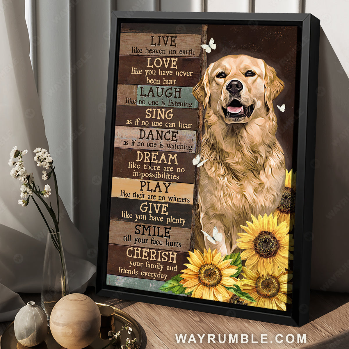 Golden Retriever dog, Sunflower drawing, Butterfly, Live like heaven on earth - Jesus Portrait Canvas Prints, Home Decor Wall Art