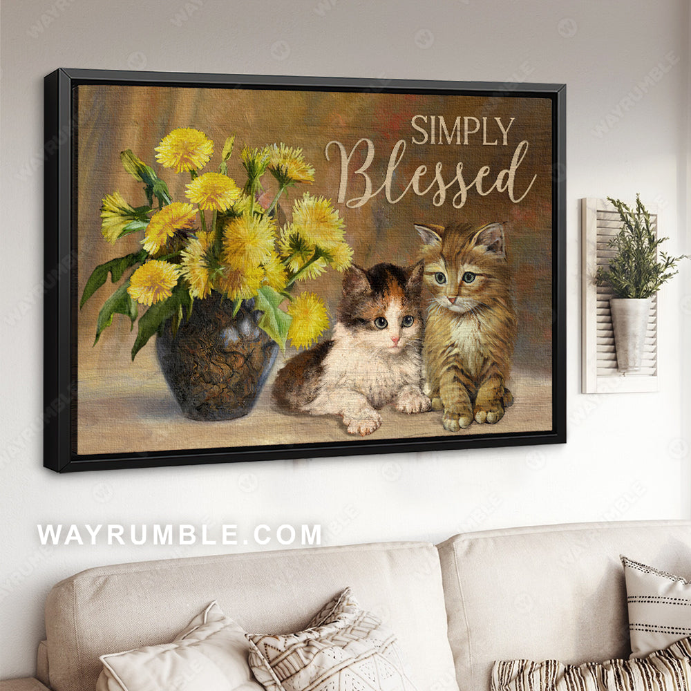 Cute cat drawing, Chrysanthemum flower, Simply blessed - Jesus Landscape Canvas Prints, Christian Wall Art