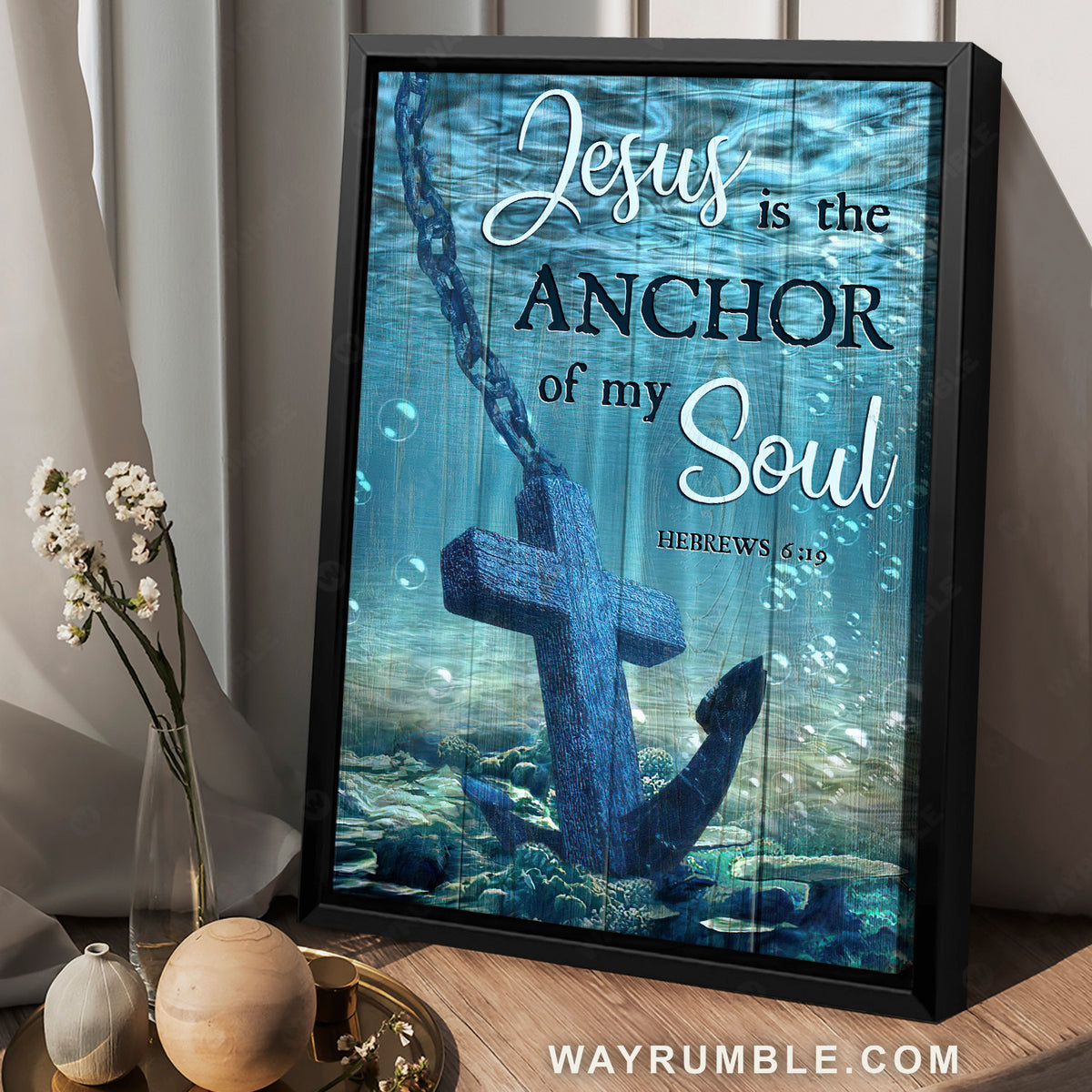 Blue ocean, Stunning anchor, Cross symbol, Jesus is the anchor of my soul - Jesus Portrait Canvas Prints, Home Decor Wall Art
