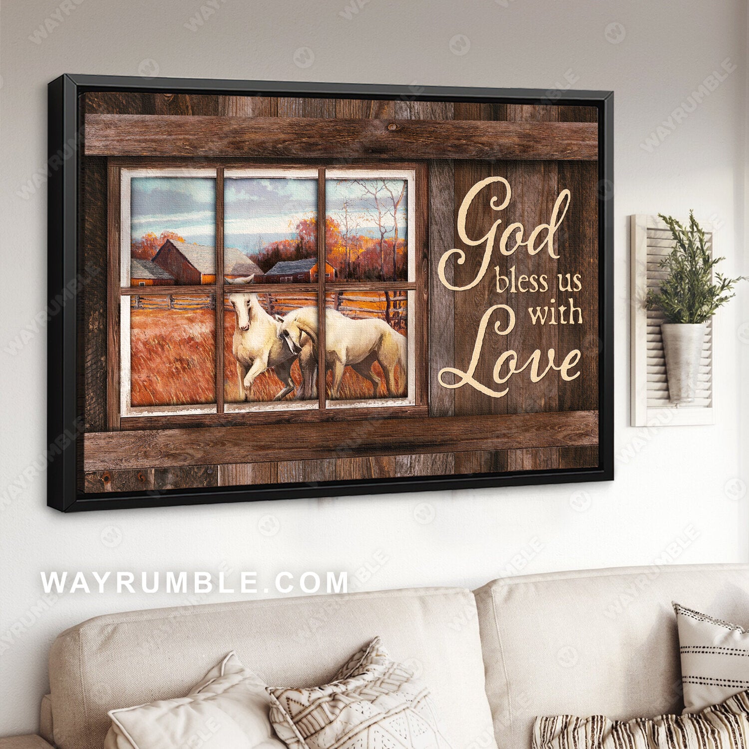 White horses, Autumn forest, Beautiful window, God bless us with love - Jesus Landscape Canvas Prints, Christian Wall Art