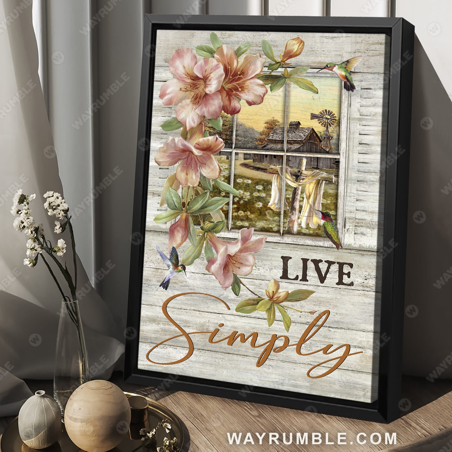 Pink lily flower, Small window, Countryside painting, Hummingbird, Live simply - Jesus Portrait Canvas Prints, Christian Wall Art