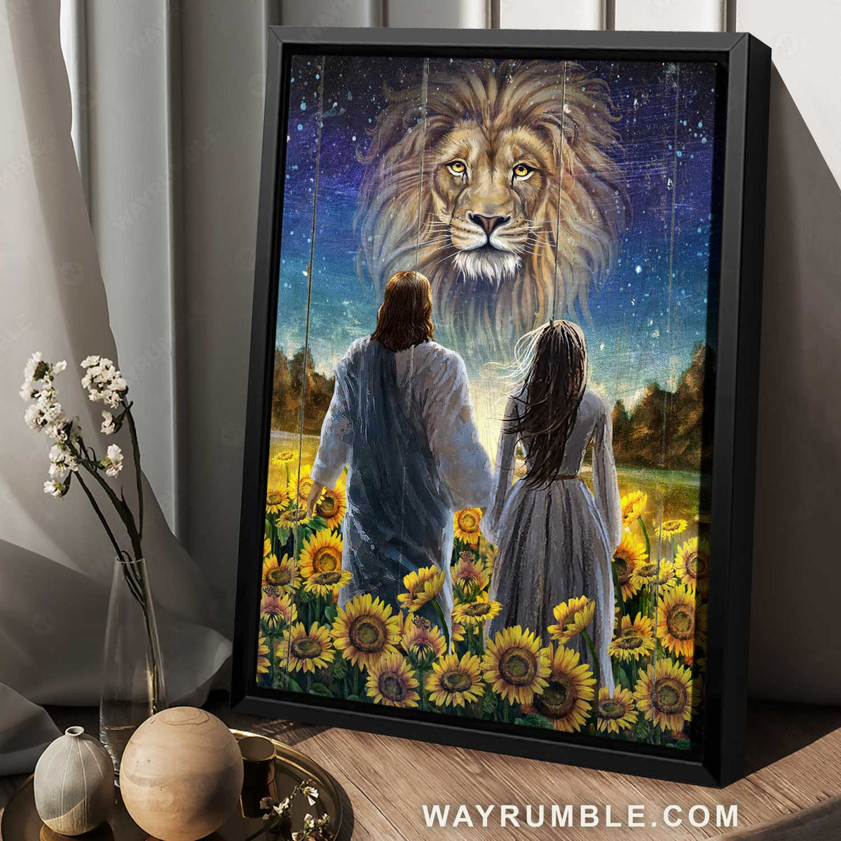 Walking with Jesus, Stunning lion, Beautiful sunflower field - Jesus Portrait Canvas Prints, Christian Wall Art