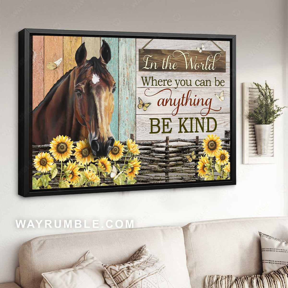 Brown horse, Sunflower fence, In the world where you can be anything - Jesus Landscape Canvas Prints, Home Decor Wall Art