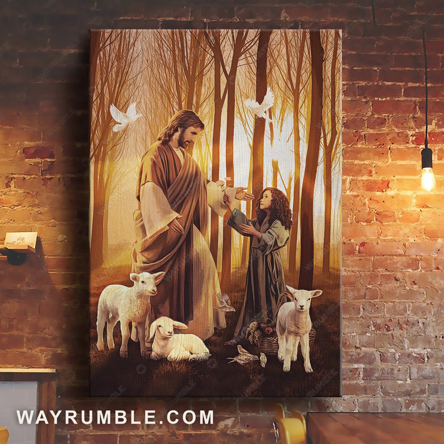 Stunning forest, Walking with Jesus, Little girl, Lamb of God, White dove - Jesus Portrait Canvas Prints, Christian Wall Art