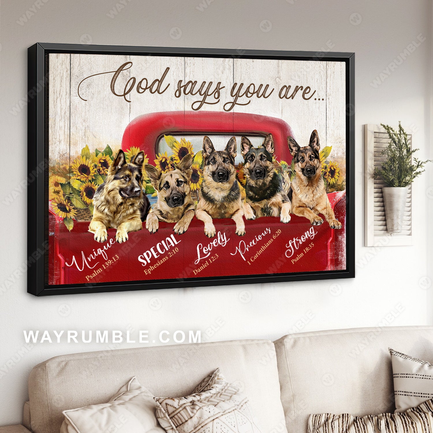 German Shepherd painting, Red car, Sunflower farm, God says you are unique - Jesus Landscape Canvas Prints, Christian Wall Art