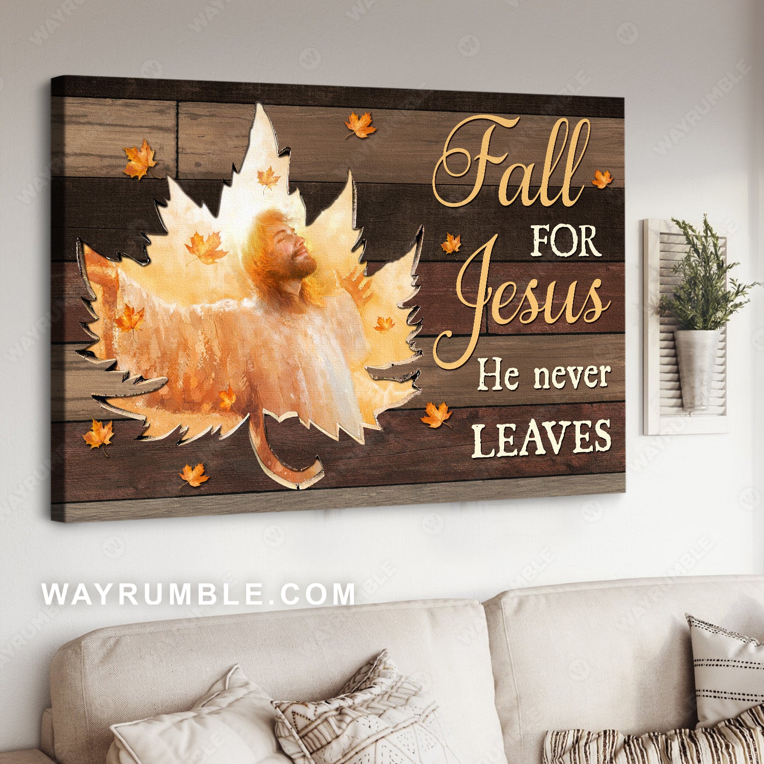 Maple leaf frame, Pray for healing, Fall for Jesus, He never leaves - Jesus Landscape Canvas Prints, Home Decor Wall Art