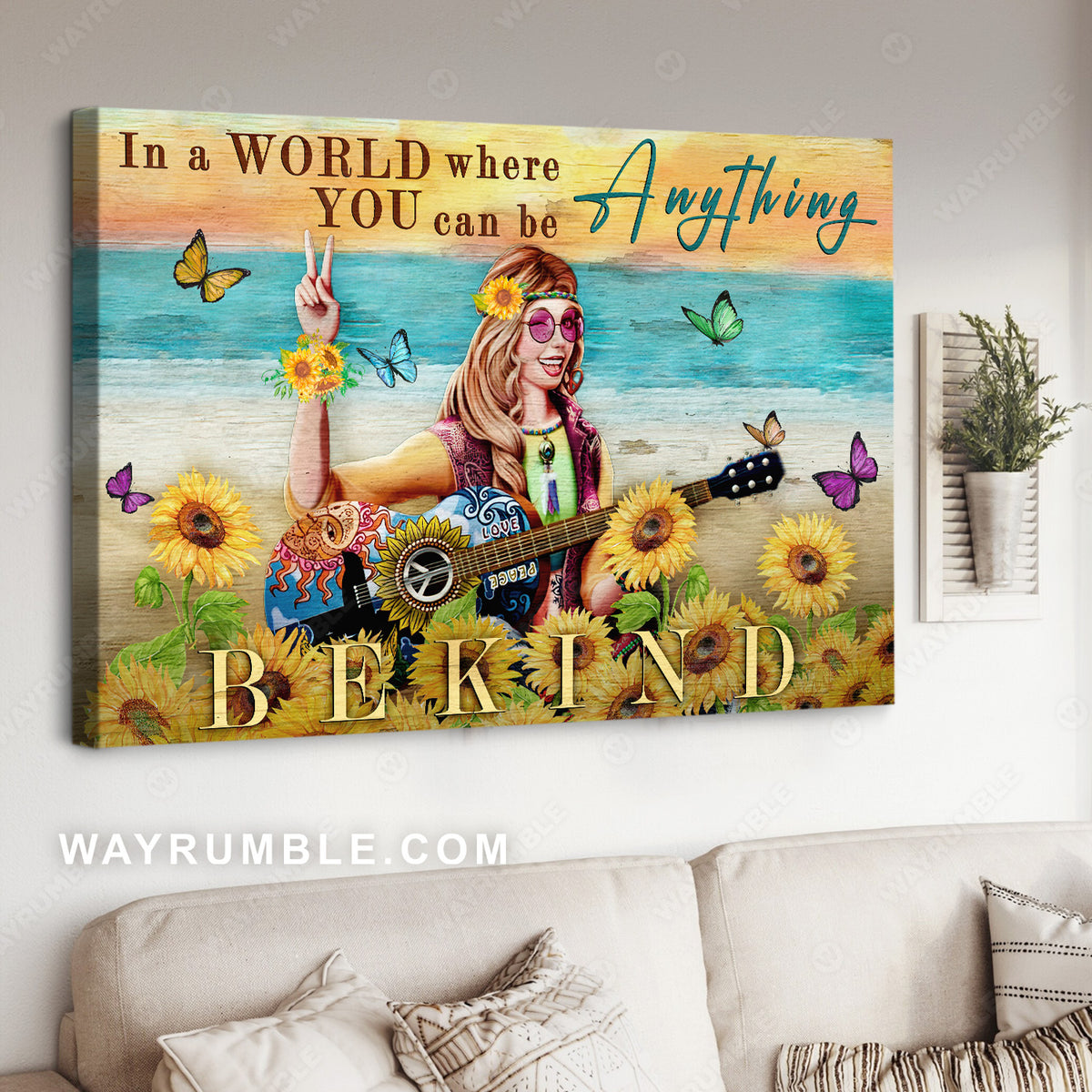 Hippie girl, Sunflower wreath, In a world where you can be anything - Jesus Landscape Canvas Prints, Christian Wall Art