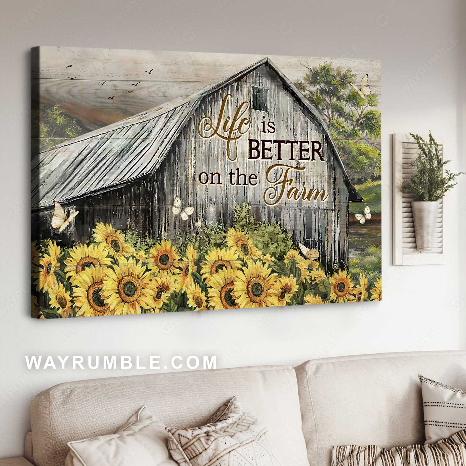 Antique house, Sunflower field, White butterfly, Life is better on the farm - Jesus Landscape Canvas Prints, Home Decor Wall Art