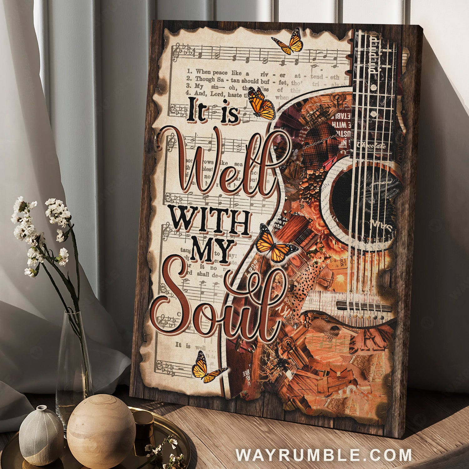 Beautiful guitar, Monarch butterfly, Music sheet, It is well with my soul - Jesus Portrait Canvas Prints, Home Decor Wall Art