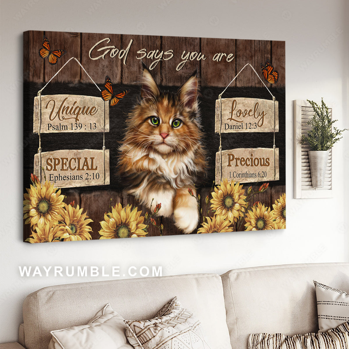 Cute cat drawing, Sunflower frame, God says you are unique - Jesus Landscape Canvas Prints, Christian Wall Art