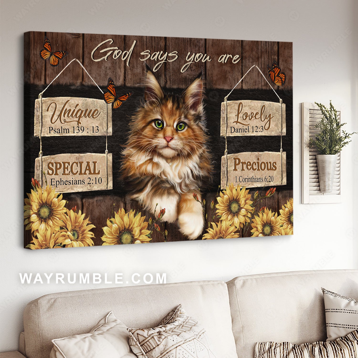 Cute cat drawing, Sunflower frame, God says you are unique - Jesus Landscape Canvas Prints, Christian Wall Art