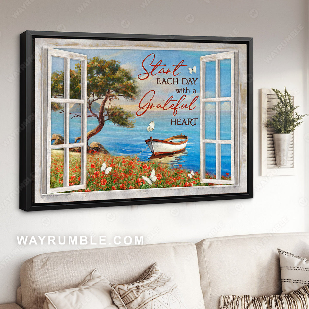 Wooden boat, Blue ocean, Flower field, Start each day with a grateful heart - Jesus Landscape Canvas Prints, Wall Art