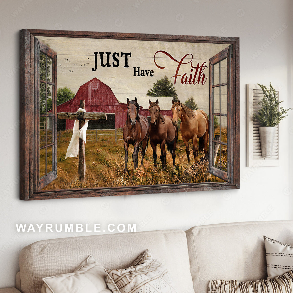 Brown horse, Old barn, Rice field, Just have faith - Jesus Landscape Canvas Prints, Christian Wall Art