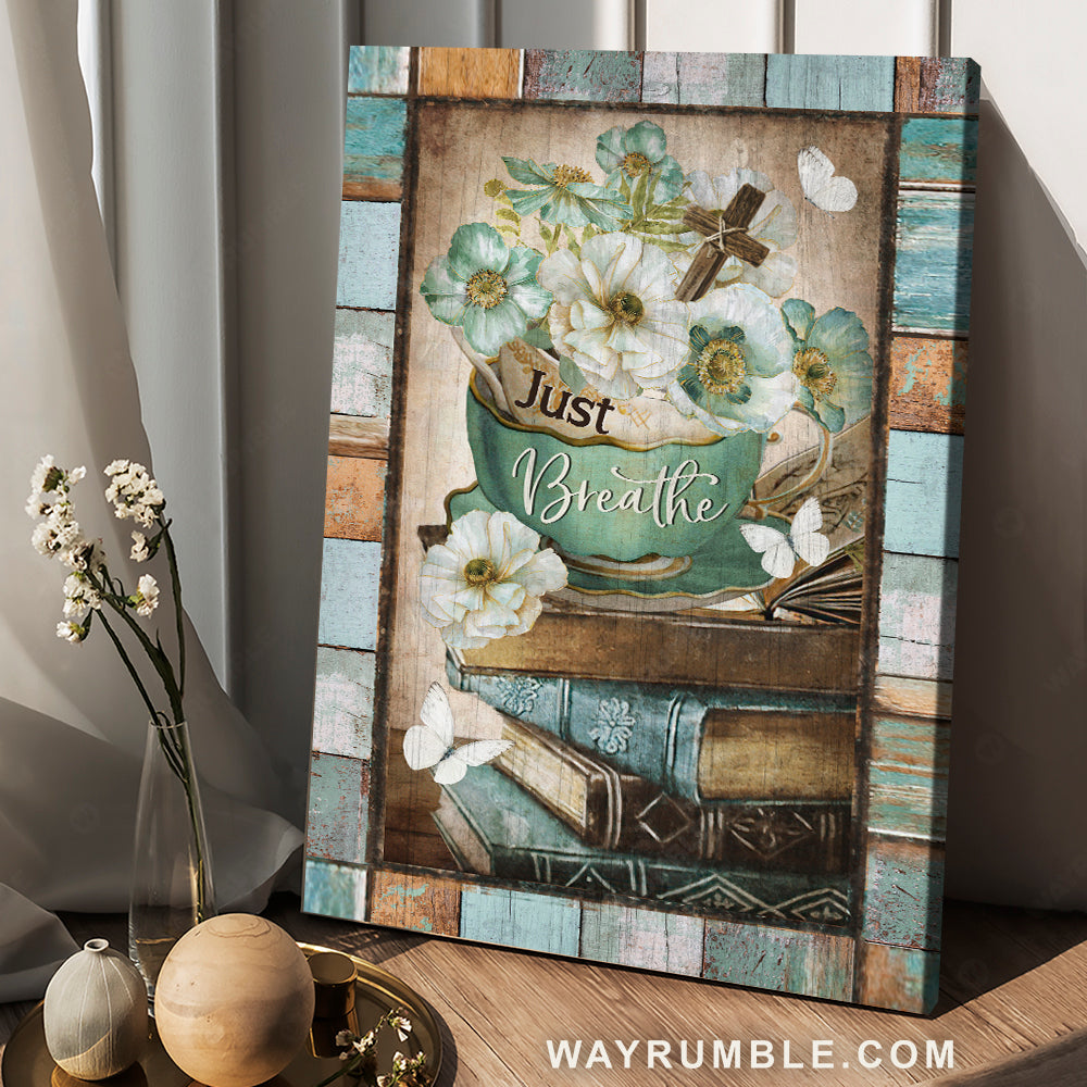 Green camellia, Vintage cup, Antique bible, Wooden cross, Just breathe - Jesus Portrait Canvas Prints, Christian Wall Art