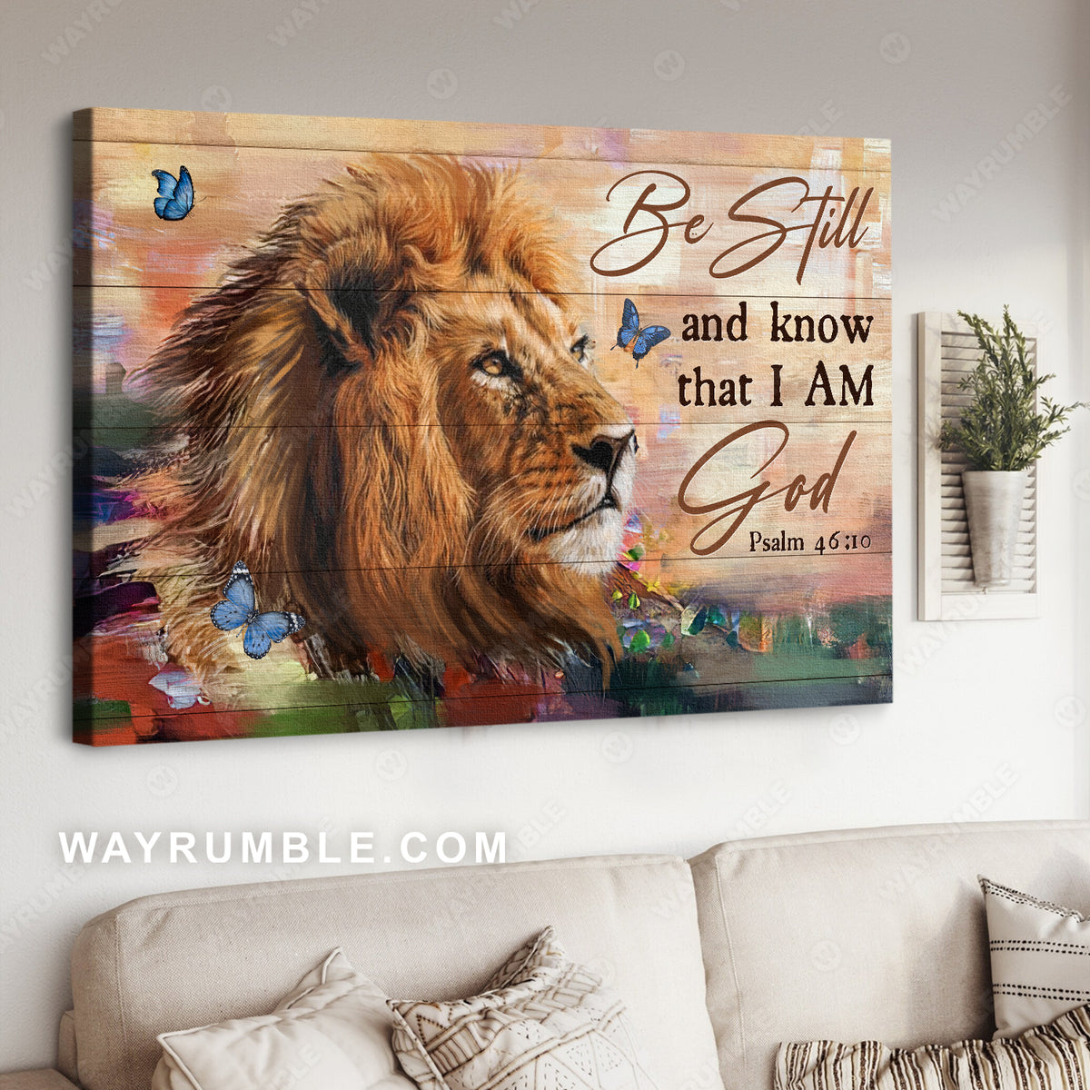 Lion King artwork, Blue butterfly, Lion of Judah, Be still and know I am God - Jesus Landscape Canvas Prints, Home Decor Wall Art
