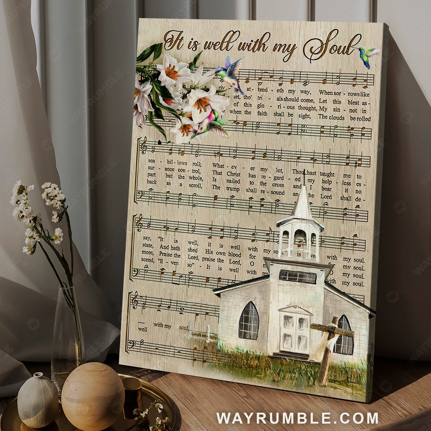 Pretty church, Beautiful lily, Music sheet, It is well with my soul - Jesus Portrait Canvas Prints, Christian Wall Art