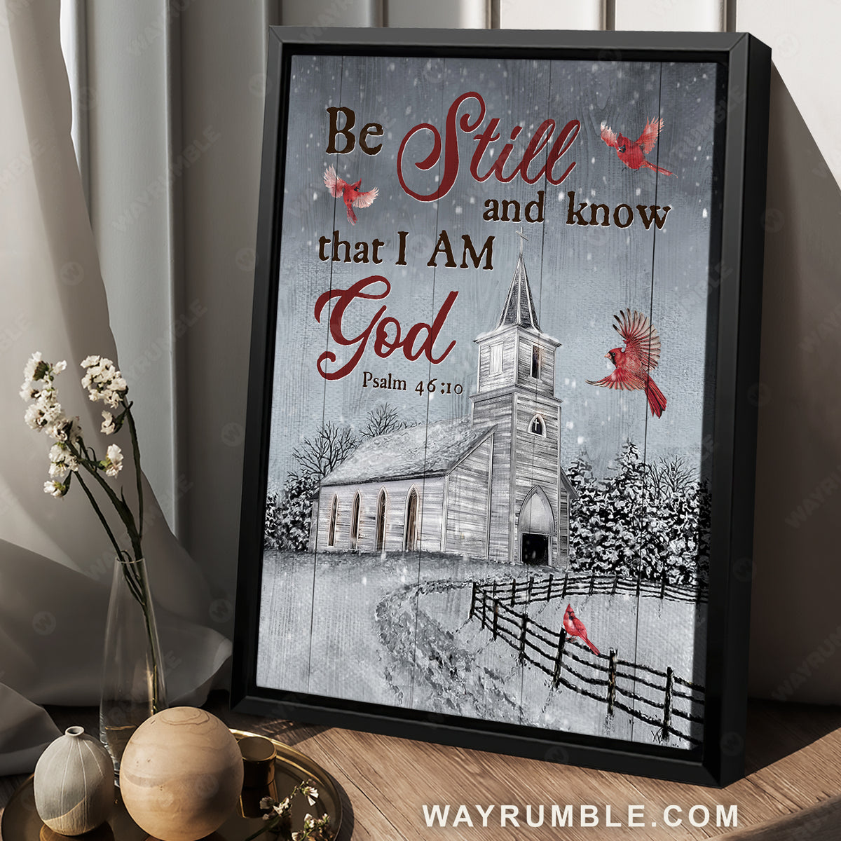 Winter night, Beautiful church, Red cardinal, Be still and know that I am God - Jesus Portrait Canvas Prints, Home Decor Wall Art