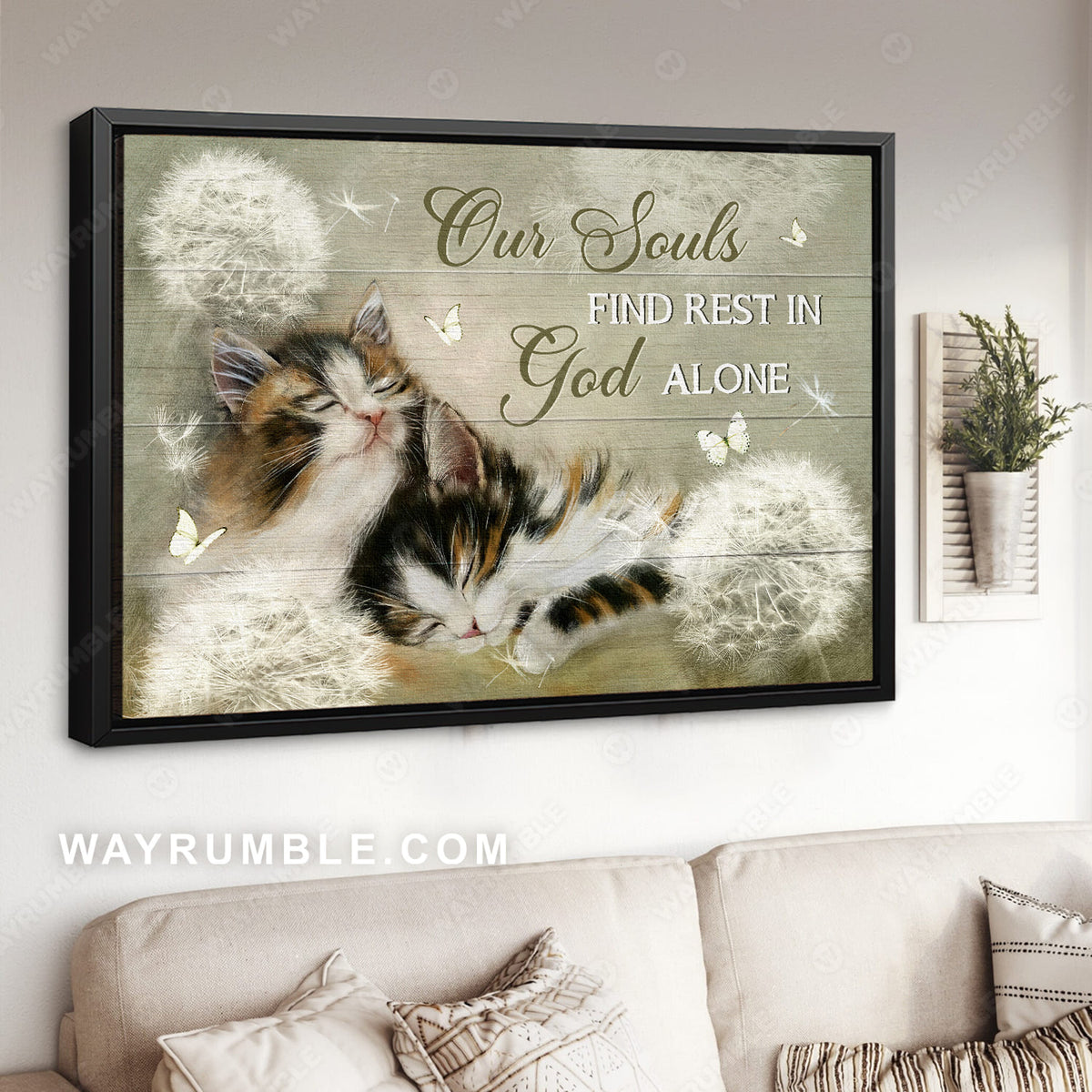 Calico cat drawing, White dandelion, Butterfly, Our souls find rest in God alone - Jesus Landscape Canvas Prints, Christian Wall Art