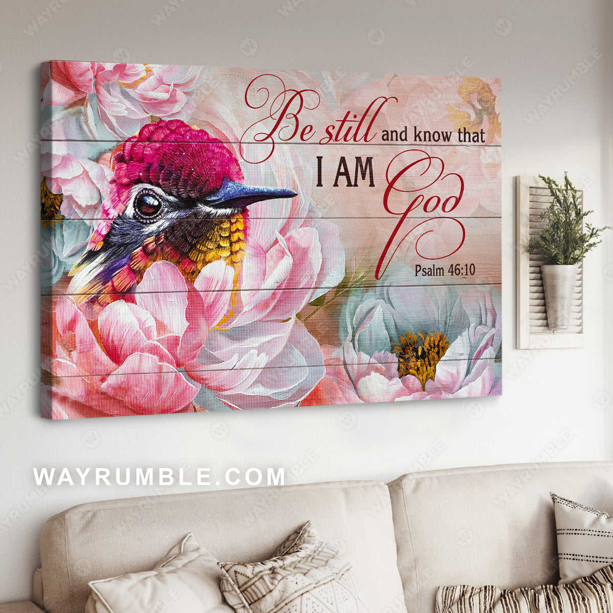 Brilliant hummingbird, Pink camellia flower, Be still and know that I am God - Jesus Landscape Canvas Prints, Christian Wall Art