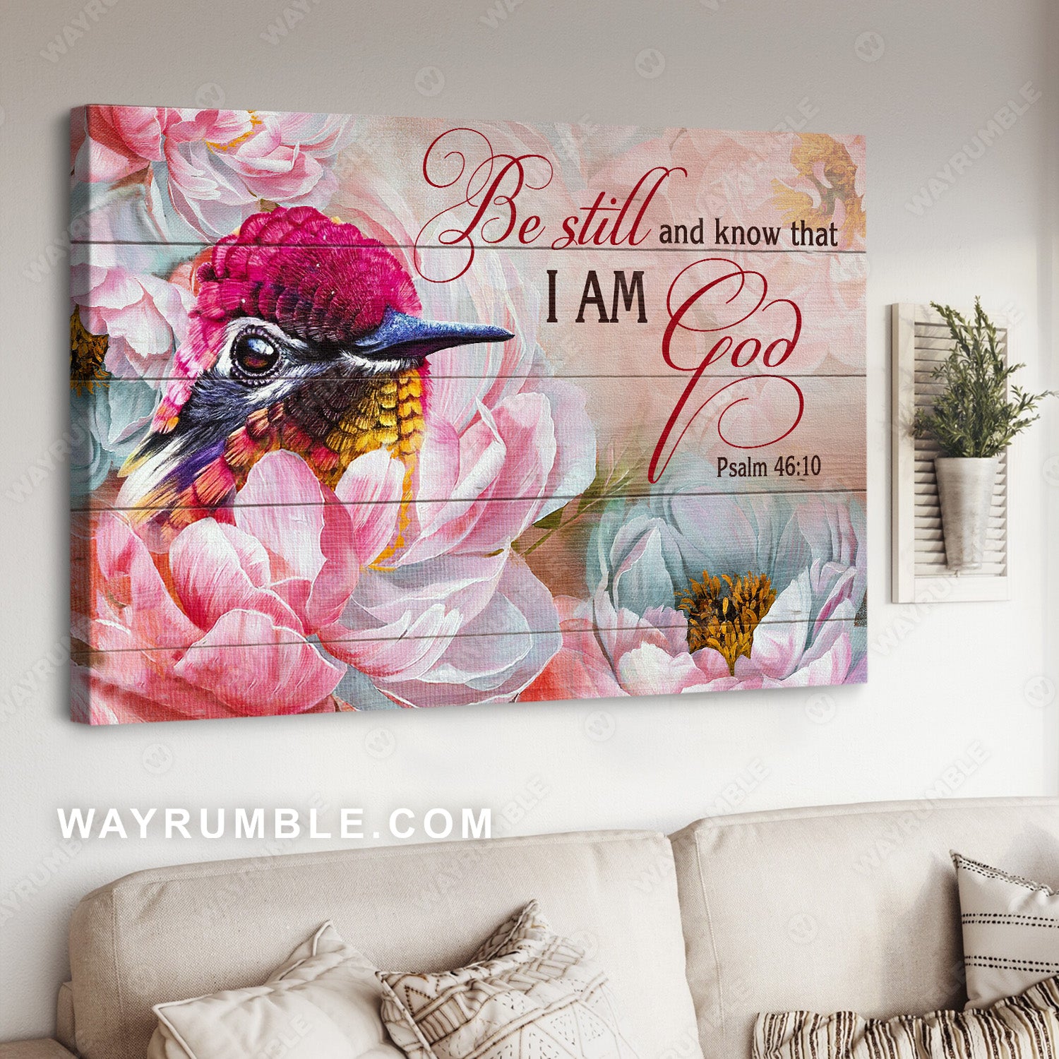 Brilliant hummingbird, Pink camellia flower, Be still and know that I am God - Jesus Landscape Canvas Prints, Christian Wall Art