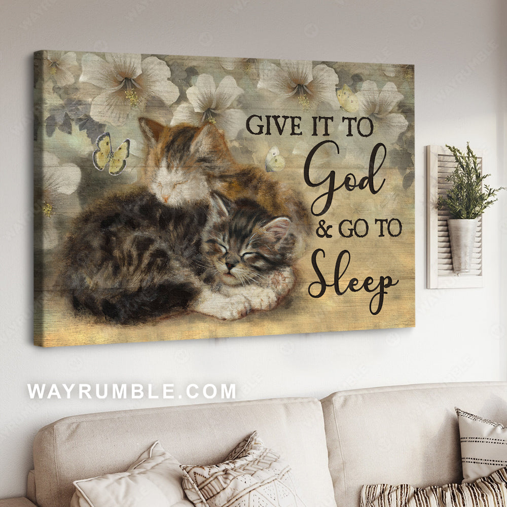 Sleeping cat drawing, White hibiscus flower, Give it to God and go to sleep - Jesus Landscape Canvas Prints, Christian Wall Art