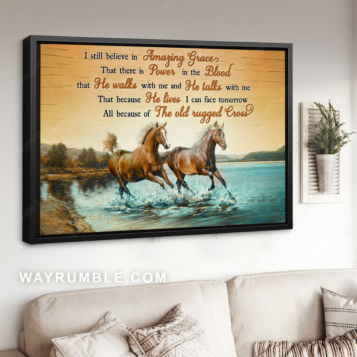Running horses, Blue ocean, Orange sunset, I still believe in amazing grace - Jesus Landscape Canvas Prints, Christian Wall Art