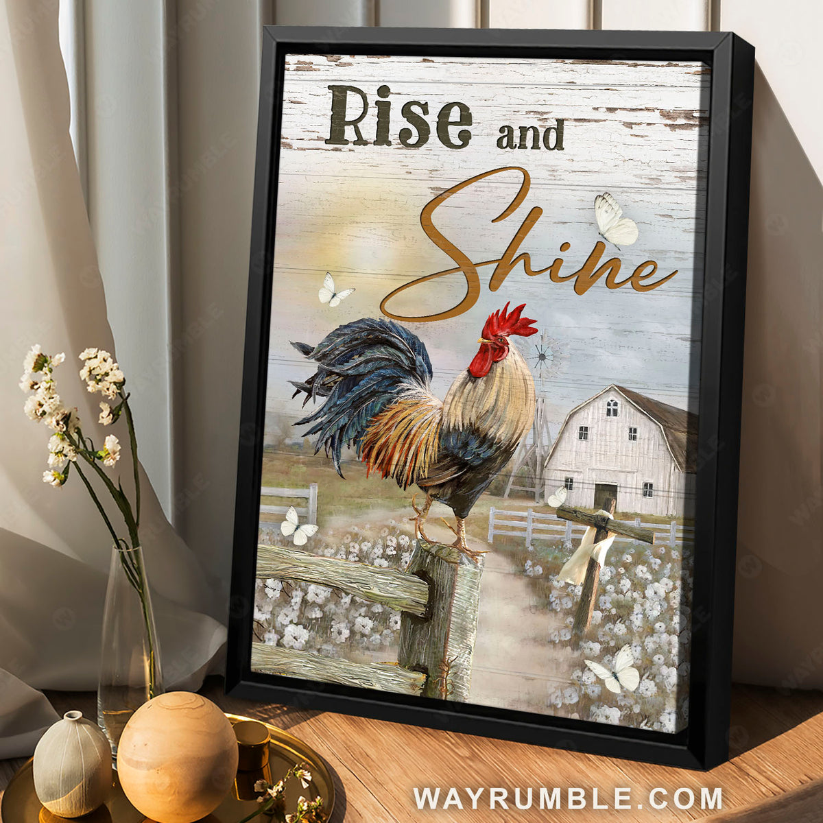 Amazing rooster drawing, White flower field, Sunset, Rise and shine - Jesus Portrait Canvas Prints, Christian Wall Art