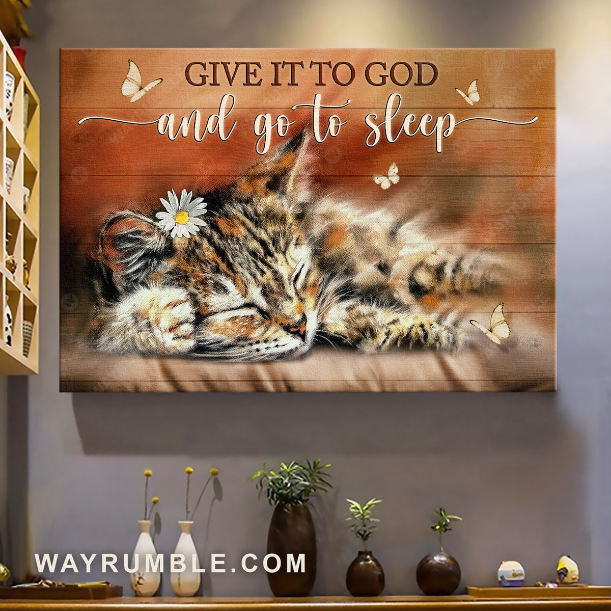 Cute cat, Sleeping cat, Daisy flower, Give it to God and go to sleep - Jesus Landscape Canvas Prints, Home Decor Wall Art
