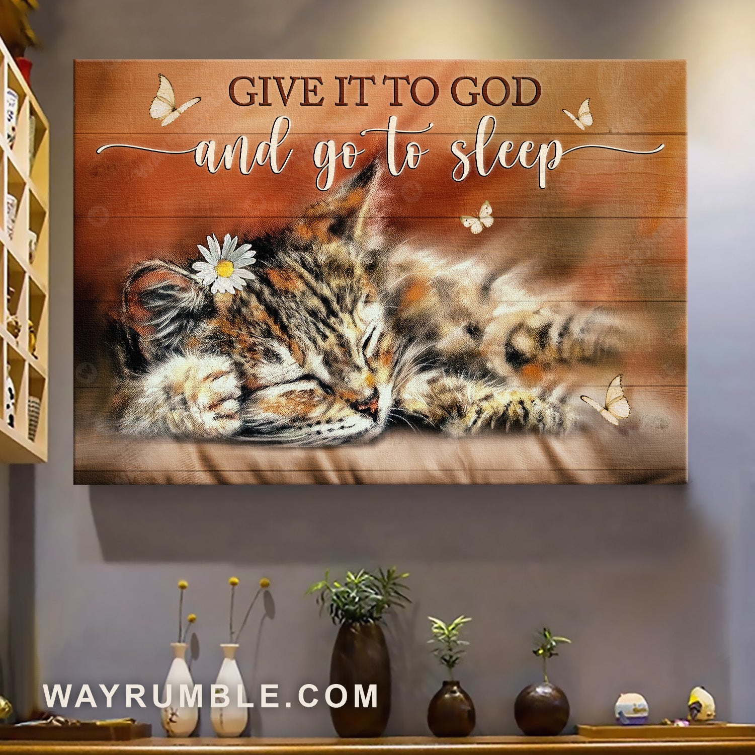 Cute cat, Sleeping cat, Daisy flower, Give it to God and go to sleep - Jesus Landscape Canvas Prints, Home Decor Wall Art