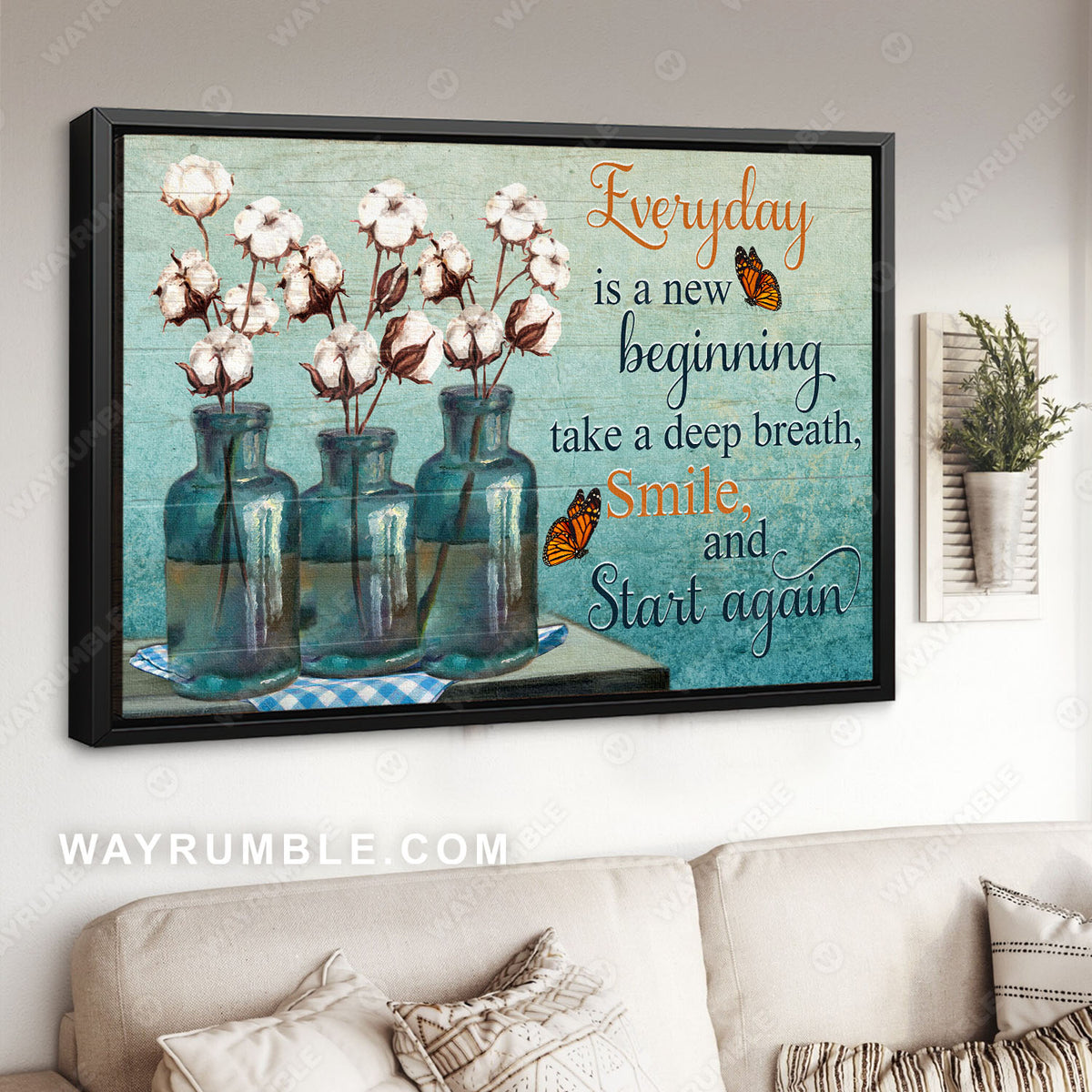 Cotton flower, Orange butterfly, Crystal vase, Every day is a new beginning - Jesus Landscape Canvas Prints, Christian Wall Art