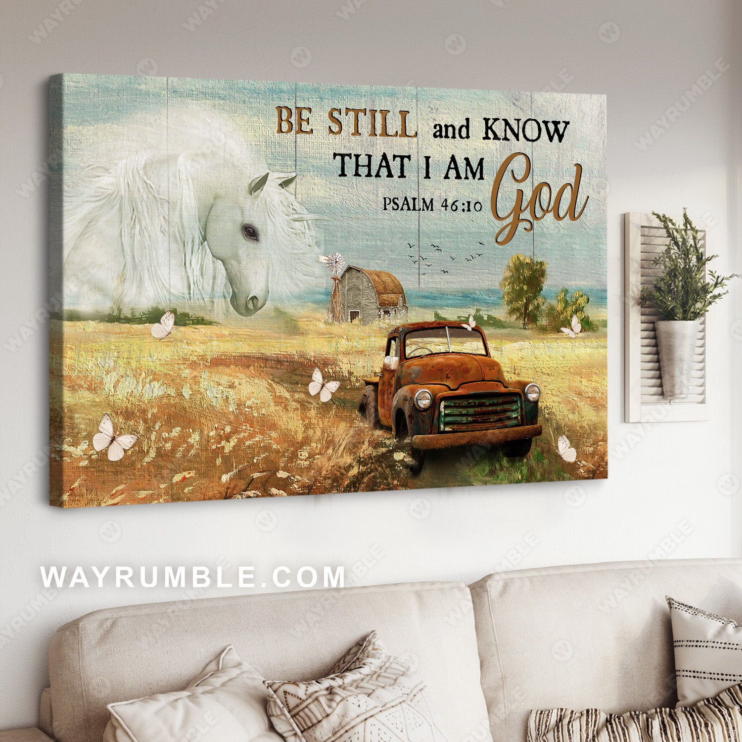 White horse, Ladybug car, Rice field, Be still and know that I am God - Jesus Landscape Canvas Prints, Christian Wall Art