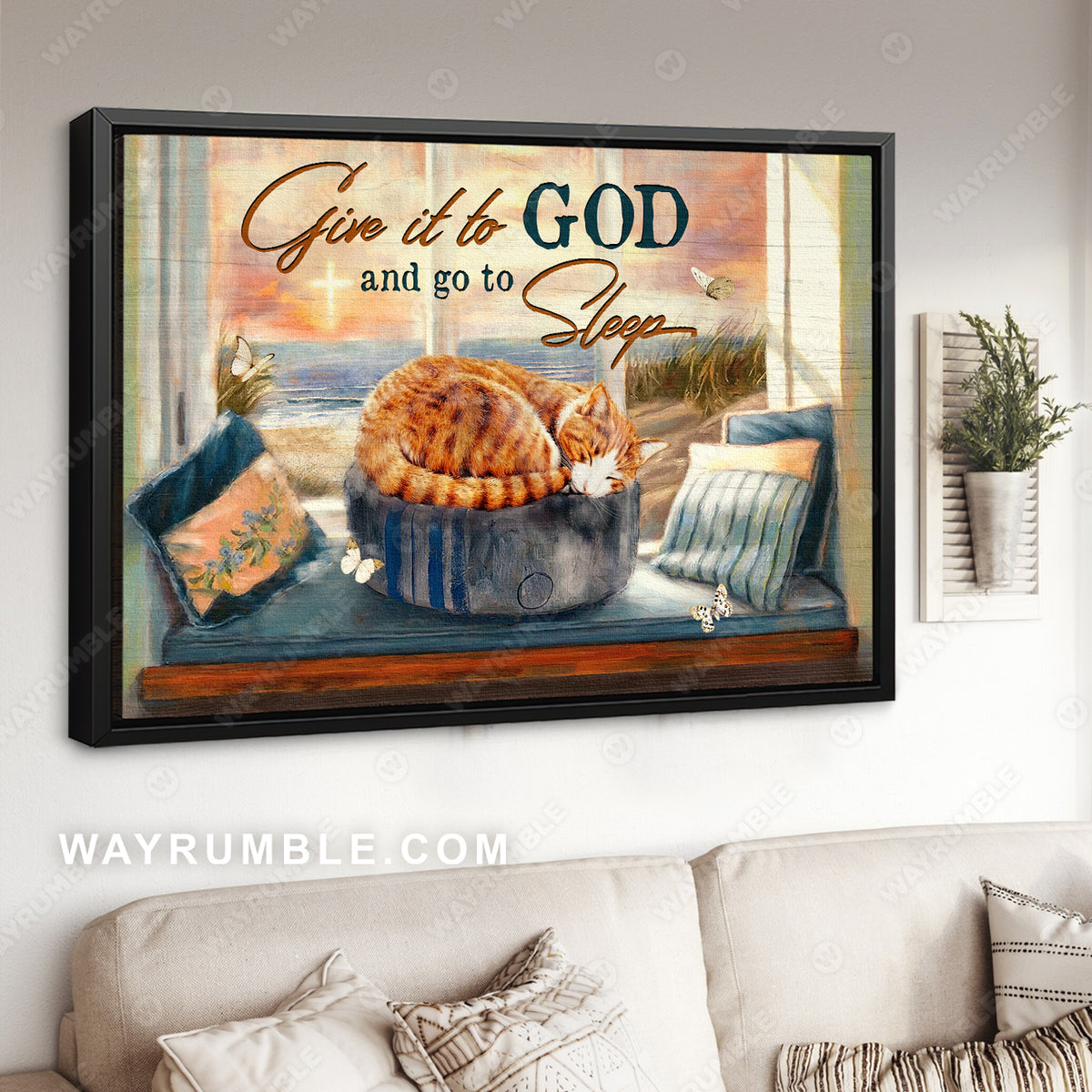 Pretty sunset, Sleep cat, Butterfly, Give it to God and go to sleep - Jesus Landscape Canvas Prints, Christian Wall Art