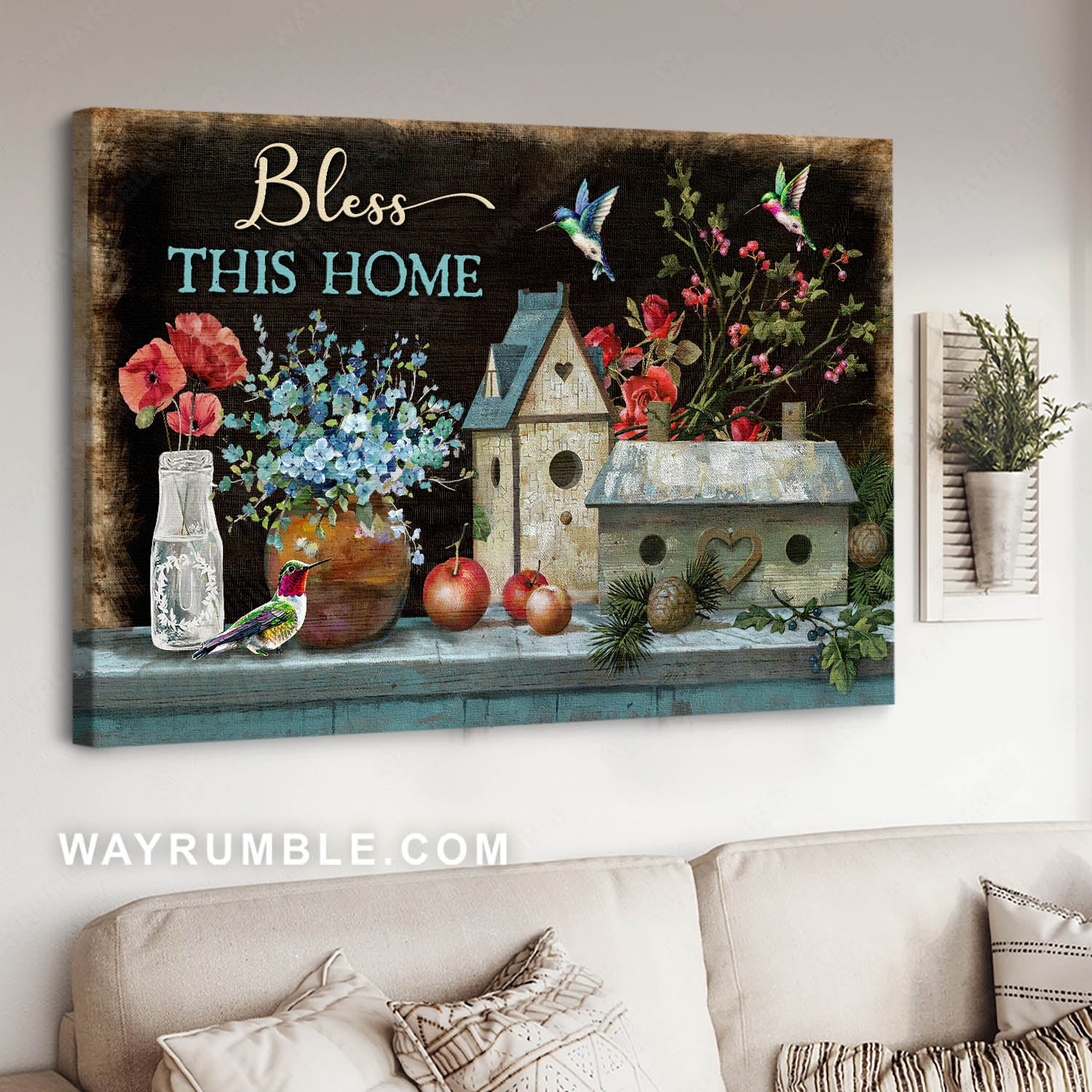 Still life painting, Colorful hummingbird, Vintage birdhouse, Apple, Bless this home - Jesus Landscape Canvas Prints, Christian Wall Art