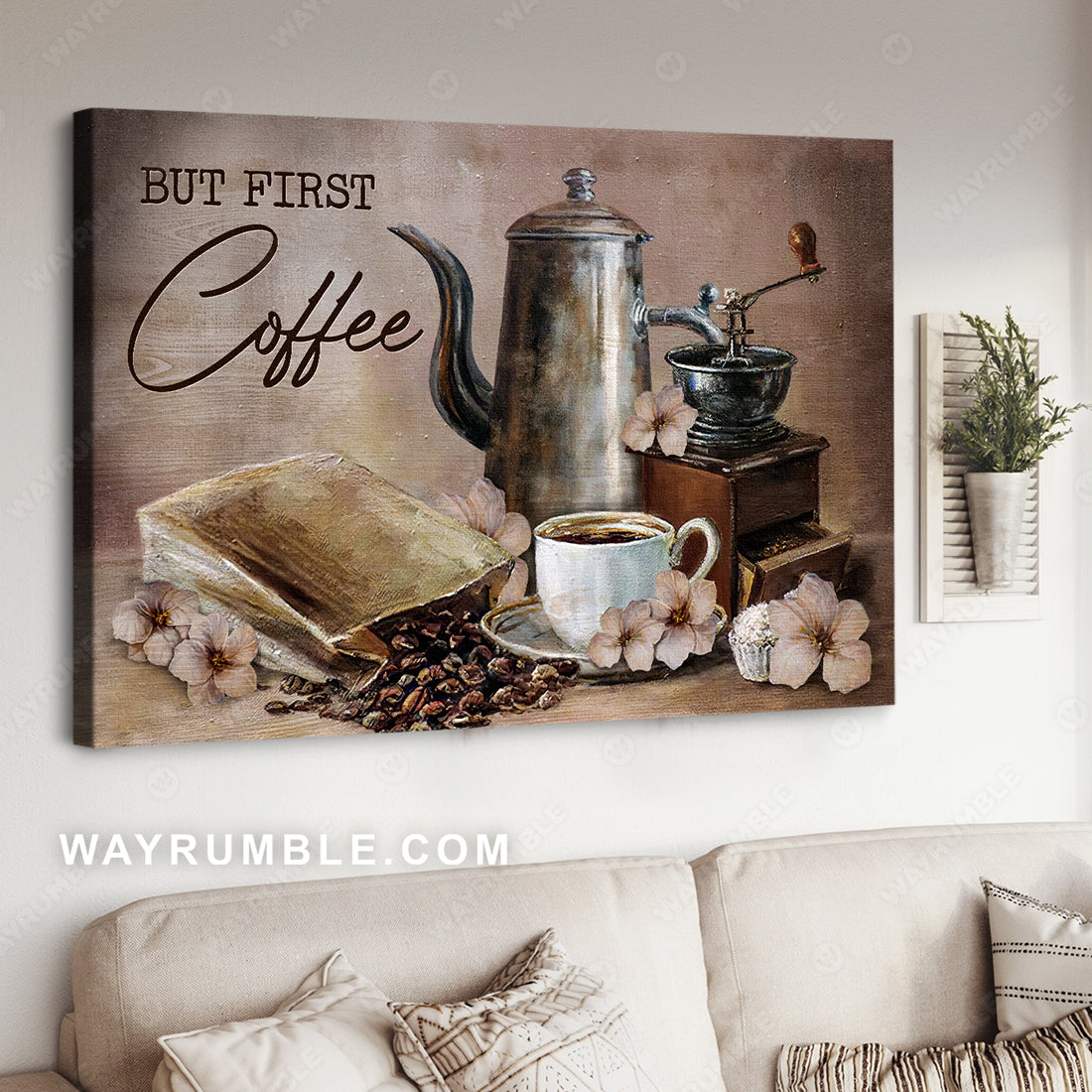 Vintage painting, Coffee drawing, Cherry blossom, But first coffee - Jesus Landscape Canvas Prints, Christian Wall Art