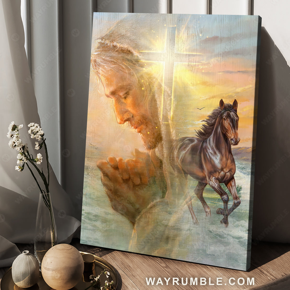 The face of Jesus, Pray for healing, Brown horse, Cross symbol - Jesus Portrait Canvas Prints, Christian Wall Art